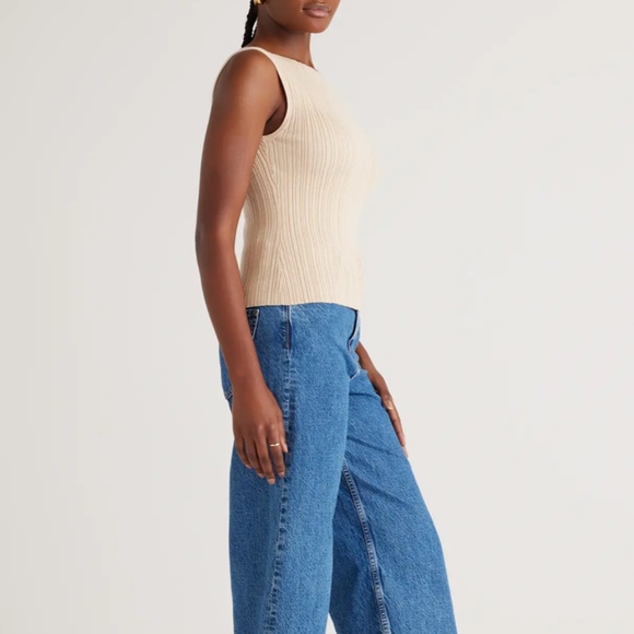 Quince Cotton Cashmere Ribbed Tank Heather Oatmeal M Wardrobe Staple Stretch NWT - Picture 3 of 15